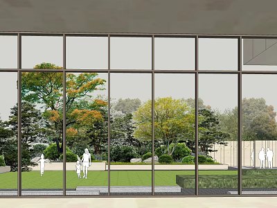 Hotel Building With Glass Facade Overlooking Garden Lawn And Trees 3d model