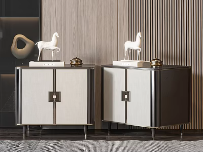 Modern Bedside Tables With White Horse Decor Gold Accents Gray Beige Cabinet Doors Metal Frame 3d model