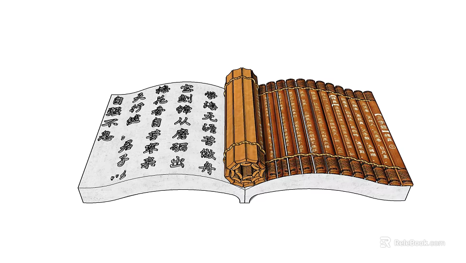 Open Book Sculpture Featuring Chinese Characters And Bamboo Scrolls Design 3d model