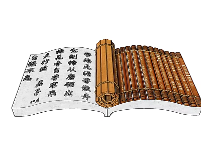 Open Book Sculpture Featuring Chinese Characters And Bamboo Scrolls Design 3d model