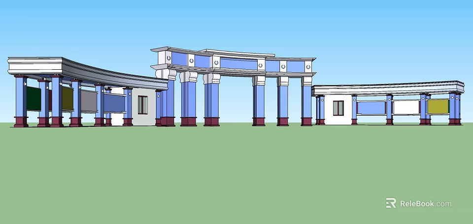 Blue And White Entrance Gate With Columns Arched Structure Green Lawn And Blue Sky 3d model 