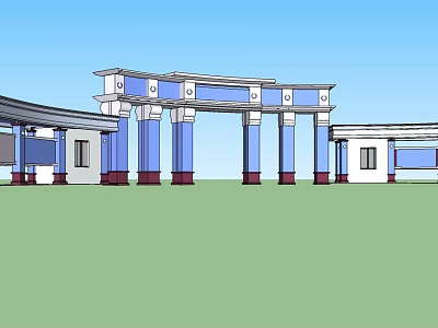 Blue And White Entrance Gate With Columns Arched Structure Green Lawn And Blue Sky 3d model