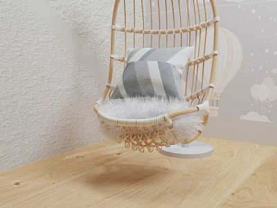 Woven Rattan Hanging Chair With Striped Pillow And Fluffy Cushion On Light Wooden Floor 3d model