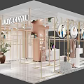 Elegant Clothing Store Window Display With Mannequins Plants Golden Frames And Circular Decorations