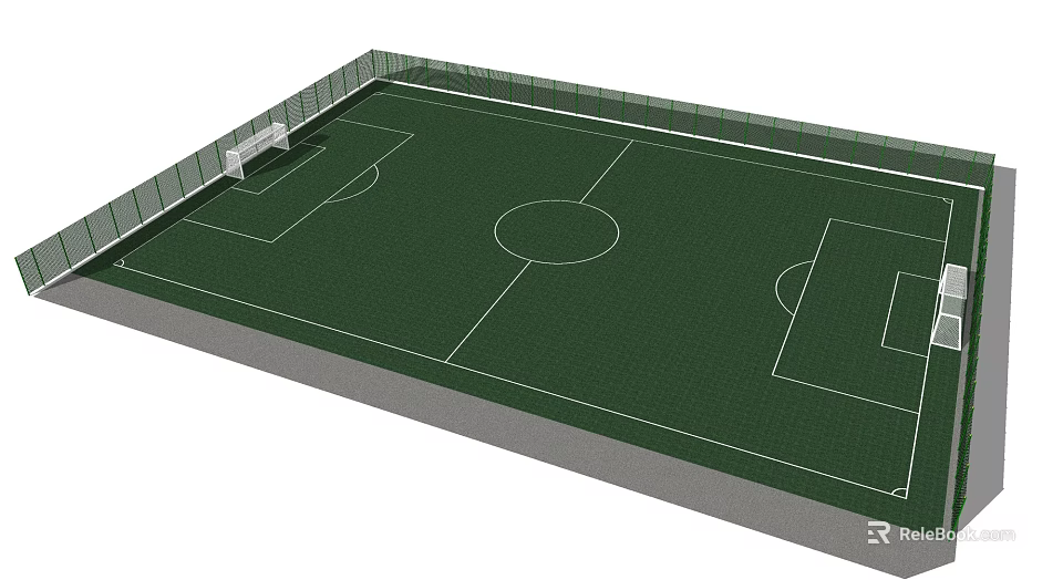 Football Field With Green Turf White Lines Goalposts And Surrounding Fencing 3d model 