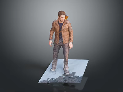 A Man Wearing Brown Leather Jacket And Dark Pants Standing On Platform With Gray Background 3d model