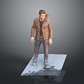 A Man Wearing Brown Leather Jacket And Dark Pants Standing On Platform With Gray Background 3d model