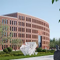 Red Brick School Building With Curved Design Windows Green Lawn White Sculpture And Trees Surroundings
