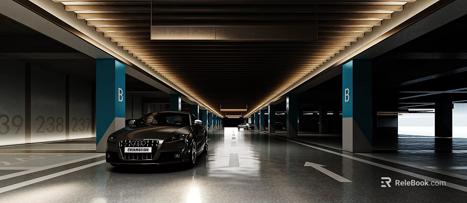 Modern Parking Garage Featuring Black Car Parked Lighting Arrow Signs Blue Columns Zone B Markings 3d model 