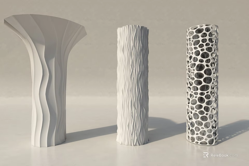 Three Artistic Columns Featuring Wavy Patterns Wood Grain And Perforated Surfaces 3d model 