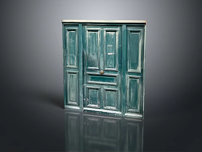Old Green Paneled Wooden Door With Worn Surface And Reflective Display On Dark Background 3d model