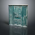 Old Green Paneled Wooden Door With Worn Surface And Reflective Display On Dark Background