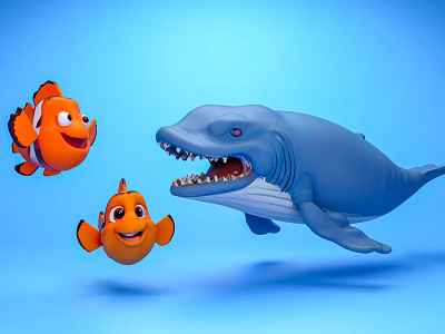 Smiling Orange Clownfish and Blue Shark with Open Mouth Swimming in Underwater Environment 3d model