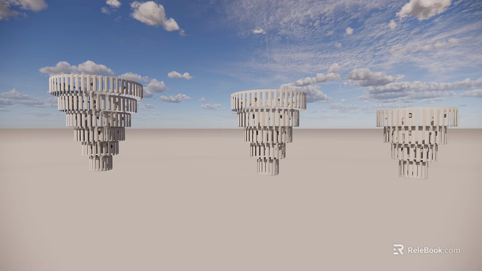 Three Conical Crystal Chandeliers With Intricate Small Components Against Blue Sky With White Clouds 3d model 