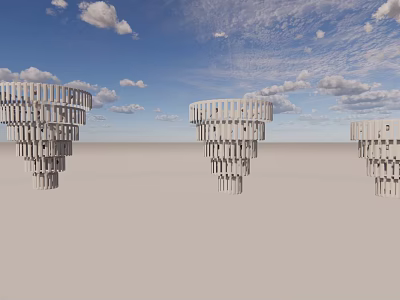 Three Conical Crystal Chandeliers With Intricate Small Components Against Blue Sky With White Clouds 3d model