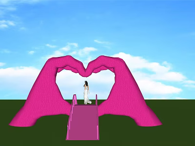 Giant Pink Hands Heart Shaped Sculpture Featuring Person On Pink Bridge Under Blue Sky 3d model