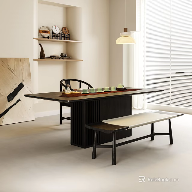 Modern Wooden Tea Table and Chairs Set with Tea Utensils and Pendant Light Decor 3d model 