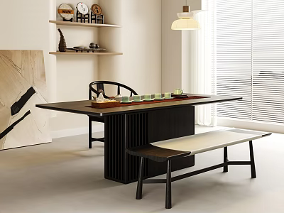 Modern Wooden Tea Table and Chairs Set with Tea Utensils and Pendant Light Decor 3d model