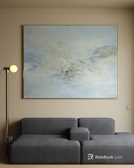 Abstract Wall Art Painting With Soft Blue Beige Textured Design In Modern Living Room Interior 3d model 
