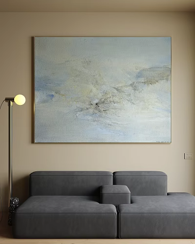 Abstract Wall Art Painting With Soft Blue Beige Textured Design In Modern Living Room Interior 3d model