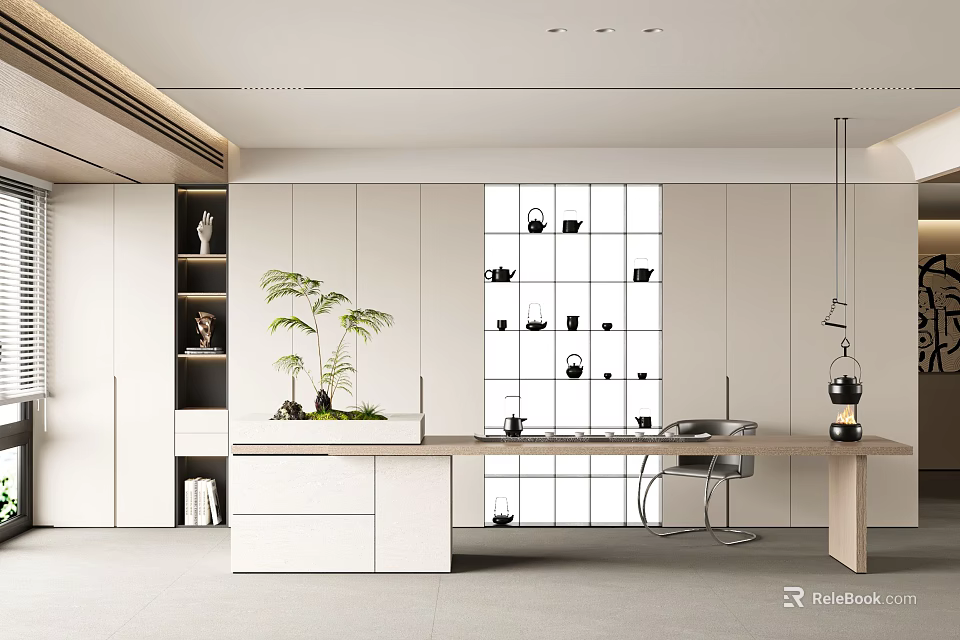 Modern Tea Room Interior With Table Plants And Tea Sets 3d model