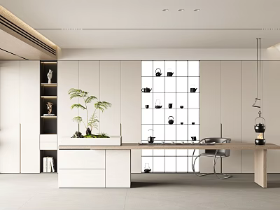 Modern Tea Room Interior With Table Plants And Tea Sets 3d model