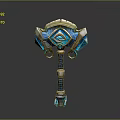 Ornate Fantasy Hammer With Blue Gemstone And Golden Decoration