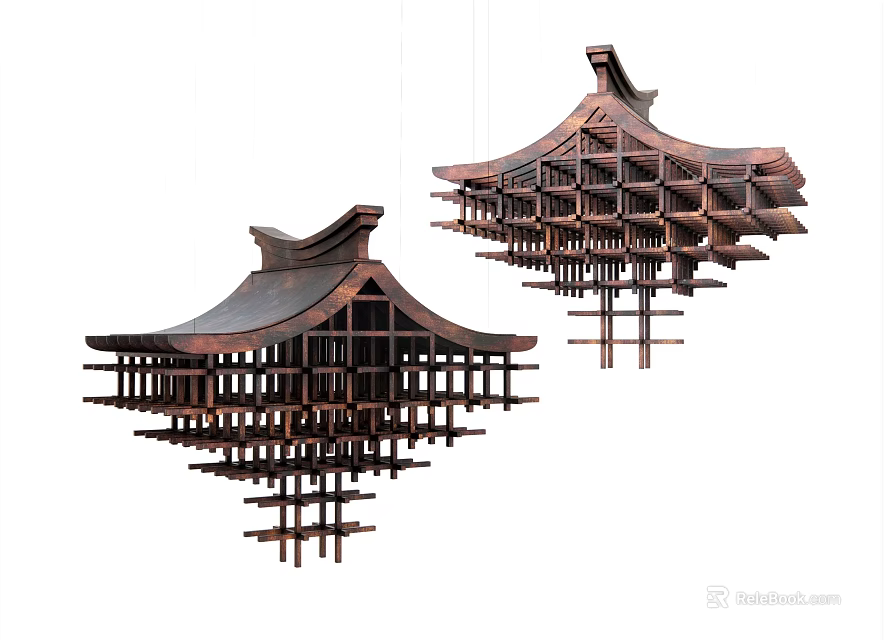 Traditional Chinese Wooden Chandelier with Pagoda Inspired Layered Design for Home Decor 3d model 