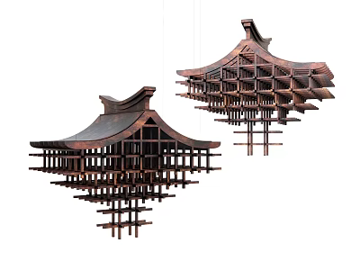 Traditional Chinese Wooden Chandelier with Pagoda Inspired Layered Design for Home Decor 3d model
