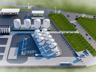 Industrial Plant with Multiple White Storage Tanks Green Lawns Roads and Vehicles 3d model