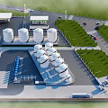 Industrial Plant with Multiple White Storage Tanks Green Lawns Roads and Vehicles