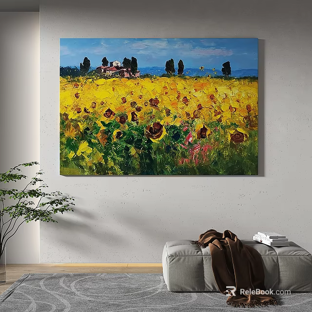 Vibrant Sunflower Field Landscape Painting With Distant Rural House And Trees 3d model 