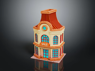 Cartoon Building Scene With Red Roof Yellow Walls Blue Windows And SALE Sign 3d model