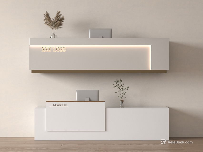 Minimalist White Reception Desk Design With Logo Vase And Green Plants 3d model 