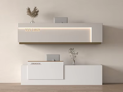 Minimalist White Reception Desk Design With Logo Vase And Green Plants 3d model