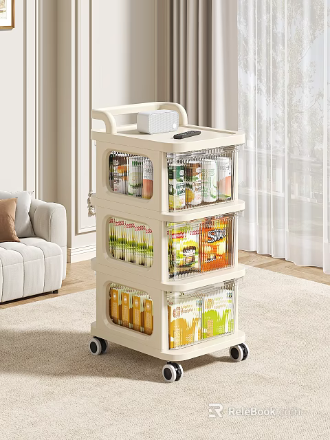 Rolling 3 Tier Storage Shelf With Transparent Drawers For Home Food Organization In Living Room 3d model 