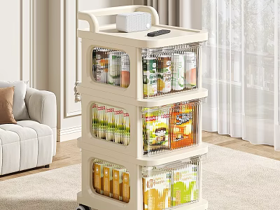 Rolling 3 Tier Storage Shelf With Transparent Drawers For Home Food Organization In Living Room 3d model