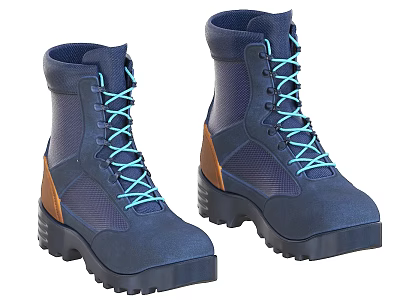Navy Blue Boots with Teal Laces Brown Accents Thick Sole and Mesh Panel Design 3d model