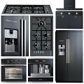Modern Black Kitchen Appliances Collection With Gas Stove Refrigerator Coffee Maker And Oven