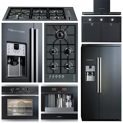 Modern Black Kitchen Appliances Collection With Gas Stove Refrigerator Coffee Maker And Oven 3d model