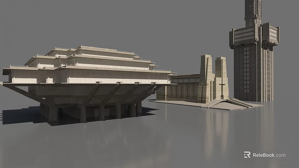 Modern Concrete Architectural Structures With Multi Level Platforms Tower And Gray Tones 3d model 