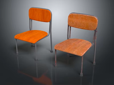 Two Leisure Chairs with Wooden Seats Backs and Metal Frames in Simple Design 3d model