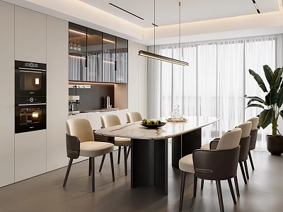 Modern Restaurant Interior Design With Marble Dining Table Chairs And Green Plants Natural Light 3d model