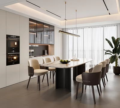 Modern Restaurant Interior Design With Marble Dining Table Chairs And Green Plants Natural Light 3d model