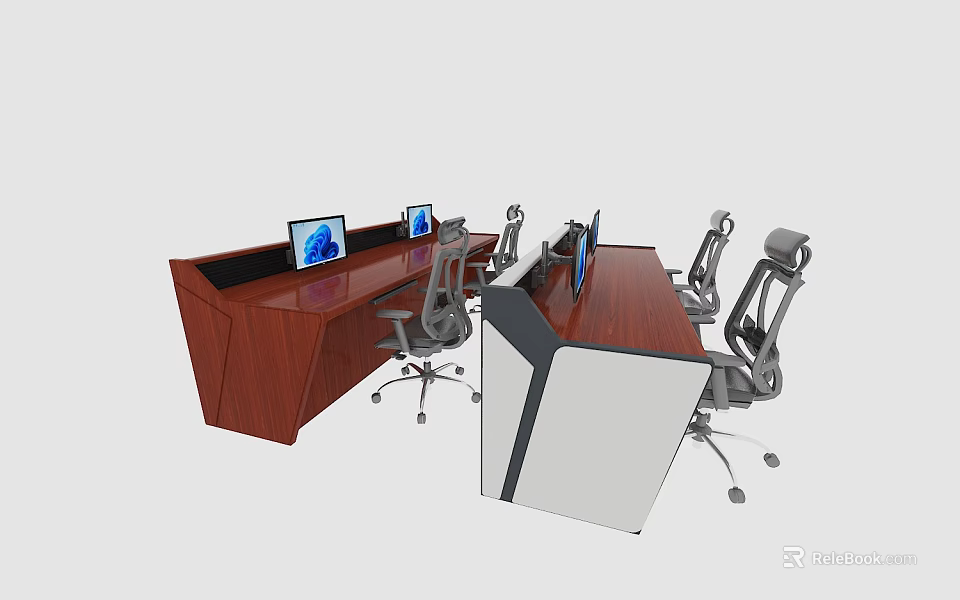 Modular Wooden Office Desk With Multiple Computer Monitors And Ergonomic Chairs 3d model 