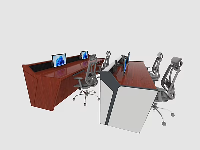 Modular Wooden Office Desk With Multiple Computer Monitors And Ergonomic Chairs 3d model