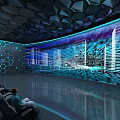 Modern Cinema With Curved Screen Comfortable Seats Geometric Ceiling And City Night View Projection