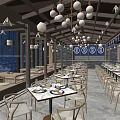 Traditional Chinese Restaurant Interior With Wooden Beams Hanging Lights And Neat Dining Tables Chairs