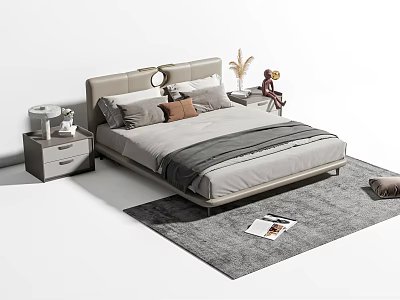 Modern Double Bed With Light Gray Headboard Gray Brown Pillows Nightstands And Rug 3d model