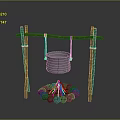 Rustic Outdoor Cooking Structure With Hanging Metal Pot And Stone Fire Pit